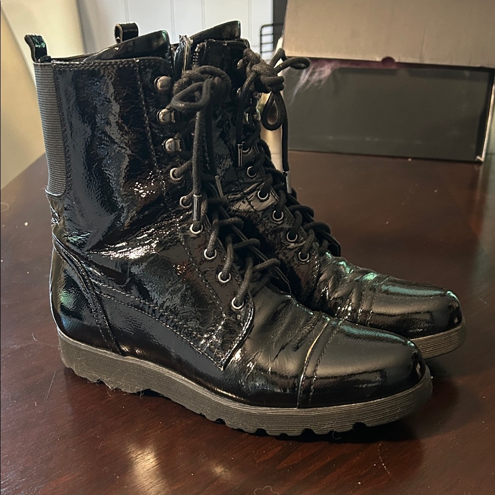 Donald J Pliner Black Patent Leather Combat Boots